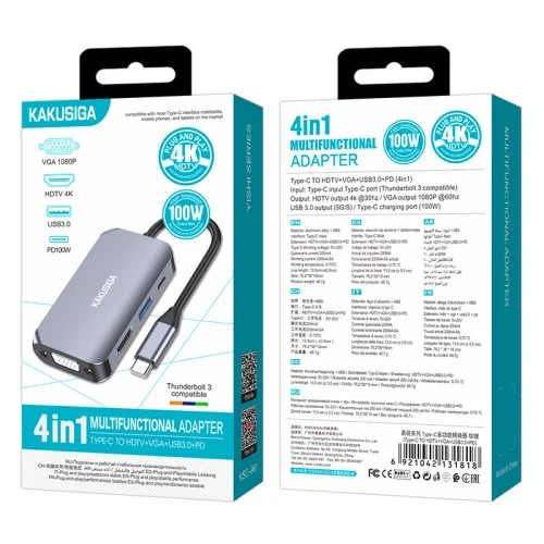 Kakusiga Ksc 961 Yishi 4 In 1 Usb C Adapter Hdmi 4k Vga 1080p Usb 3 0 And 100 W Pd | Kakusiga (KSC) | AdvanceStore UK