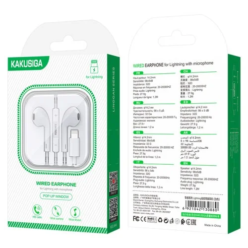 Ksc 846 Linggan Lightning Earphones With Mic Wired In Ear Control For Iphone Clear Sound And Call Quality | Kakusiga (KSC) | AdvanceStore UK