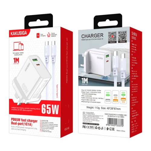 Ksc 943 Shipai 65w Dual Port Fast Charger Set Uk Plug With Type C To Type C Cable Pd Qc 3 0 | Kakusiga (KSC) | AdvanceStore UK