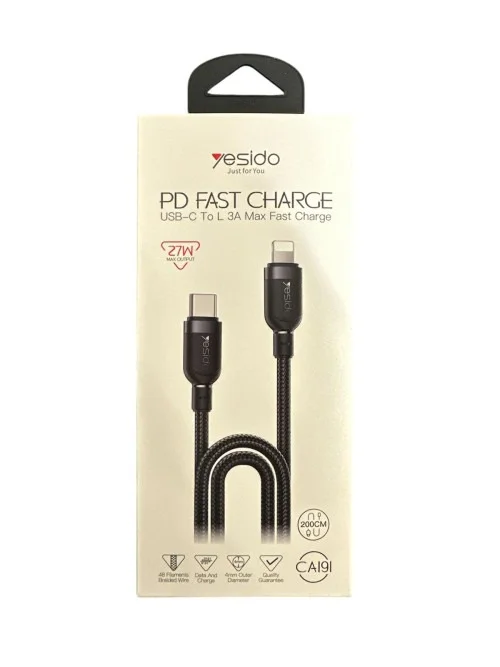 Yesido Ca191 2m Type C To Lightning Cable 27w Fast Charging Braided Durable Design | Yesido | AdvanceStore UK