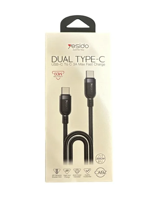 Yesido Ca192 2m Type C To Type C Cable 60w Fast Charging Braided Durable Design | Yesido | AdvanceStore UK