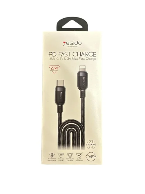 Yesido Ca193 3m Type C To Lightning Cable 27w Fast Charging Braided Durable Design | Yesido | AdvanceStore UK