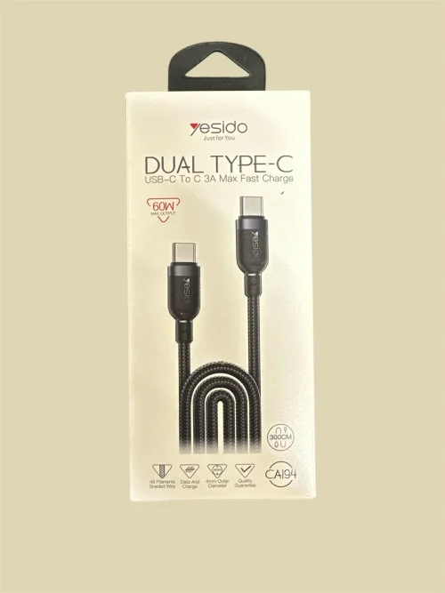 Yesido Ca194 Dual Type C Cable 60w Fast Charging 3m Long Durable Cable | Yesido | AdvanceStore UK