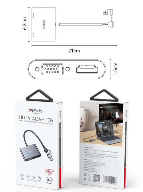 Yesido Hm15 Hdtv Adapter Mirror Or Extand The Dual Monitors Work Space | Yesido | AdvanceStore UK